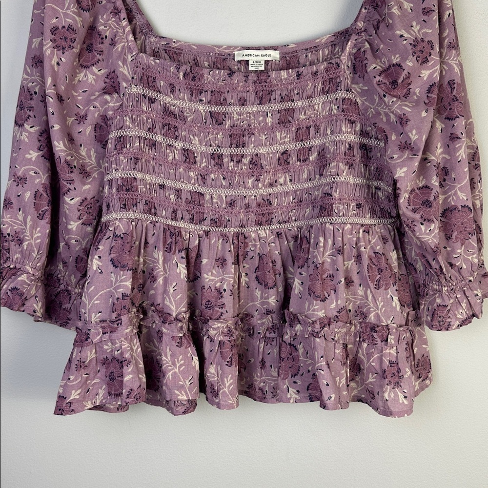 NEW American Eagle Smocked Peplum Purple Floral Ruffle Top Square Neck Large NWT - Picture 4 of 16